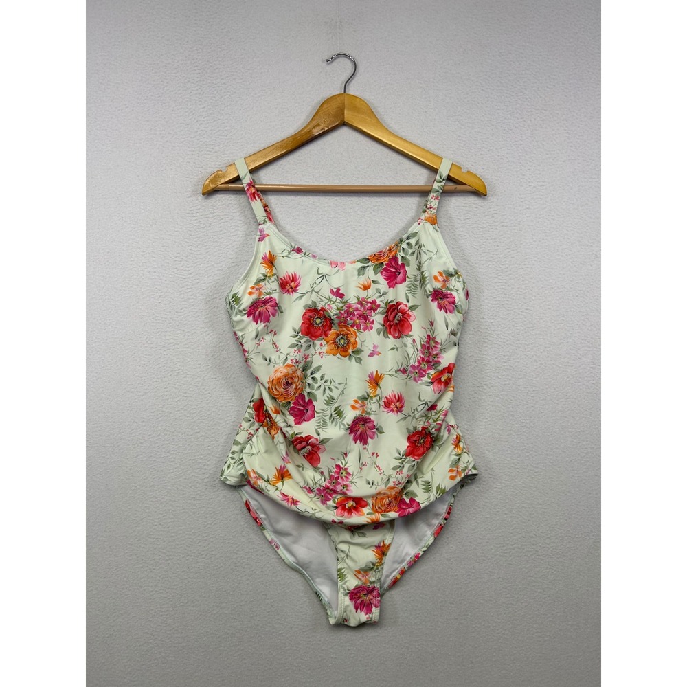 Floral Tropical Nicole Miller Studio Women XL Green One Piece Ruched Swimsuit
